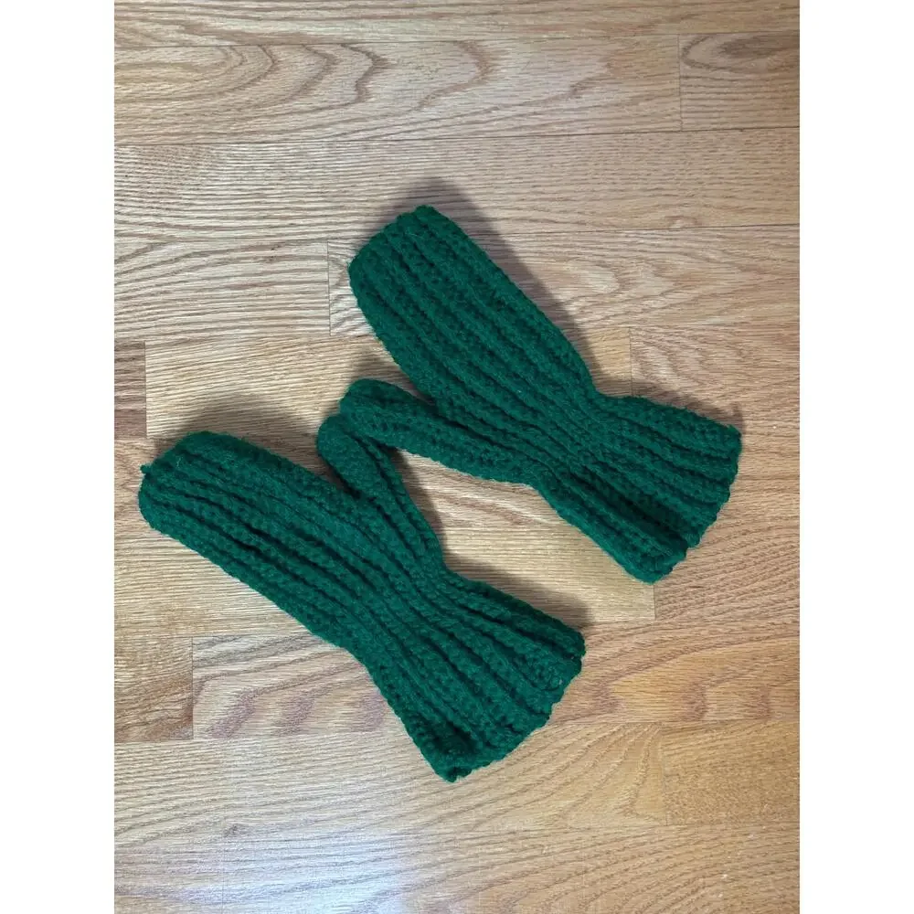 Vintage Green Mittens, Dark Green Knit Crochet Mitts, 60s 70s, Grandma Style